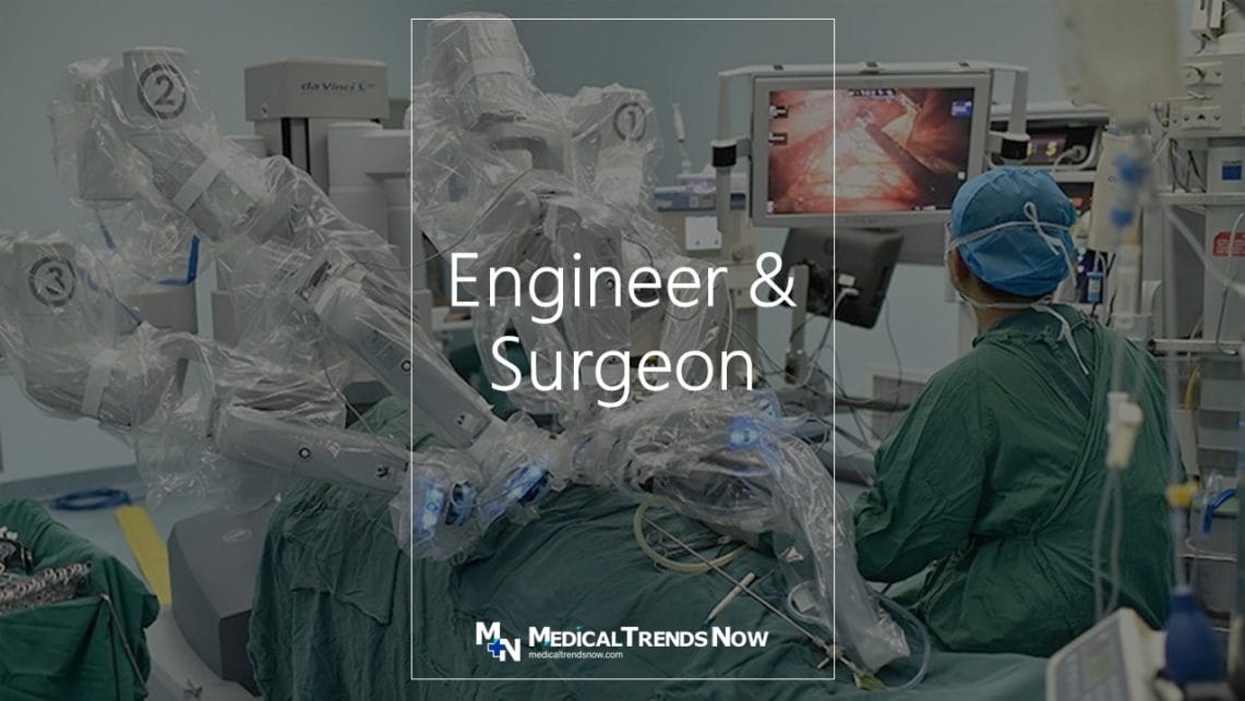 surgery with robotics in hospital. doctors and engineers