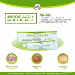 Benzoic Acid + Salicylic Acid 30g (Enzolic) (Generic of Dermalin Whitfield's Ointment and Fungisol) used For Athlete's foot (Alifunga), Ringworm (Buni), Versicolor (An-An) burns, insect bites, fungal infections